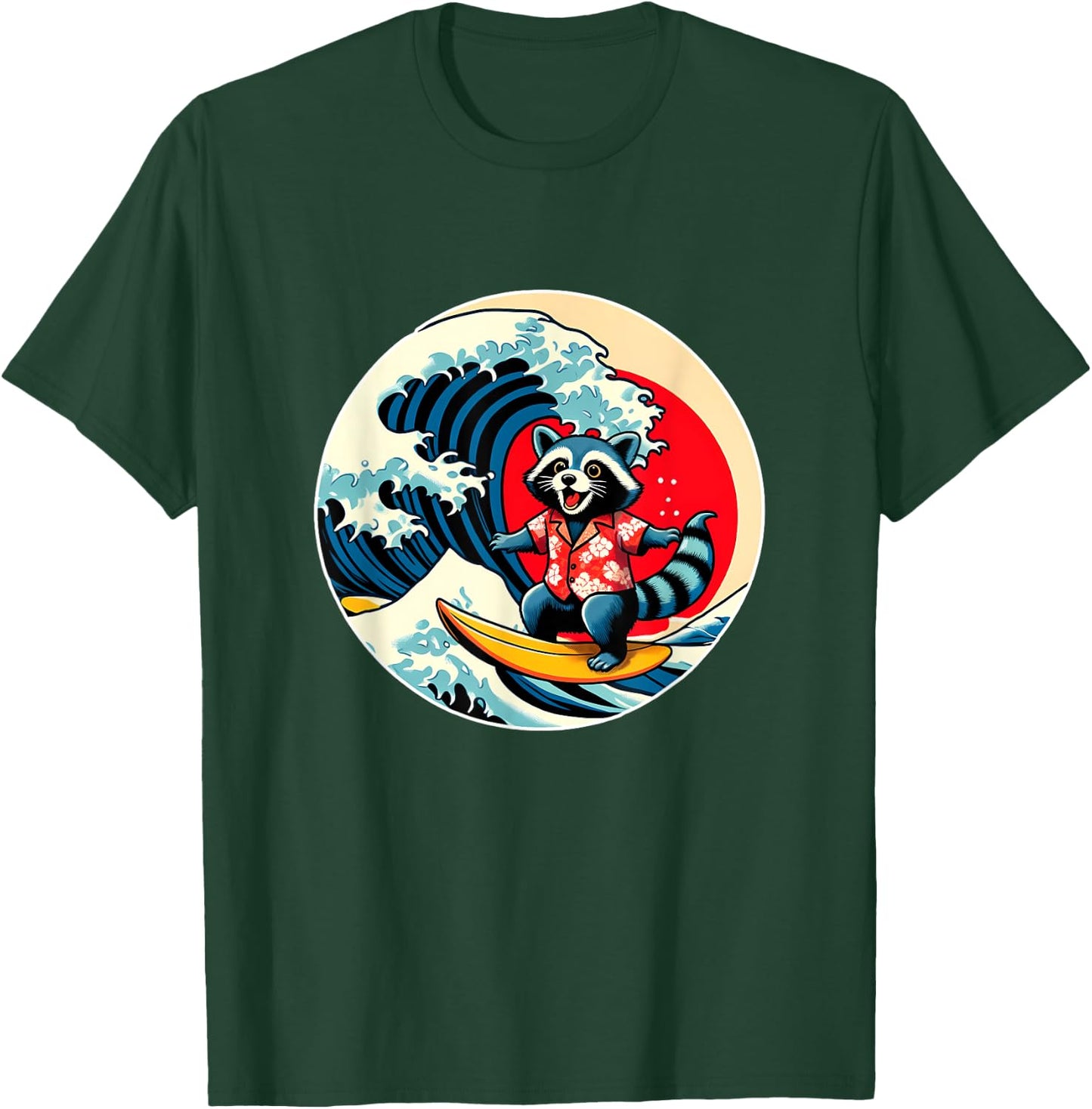 Great Wave Kanagawa Racoon Surfing T-Shirt - T-Shirt | Forest