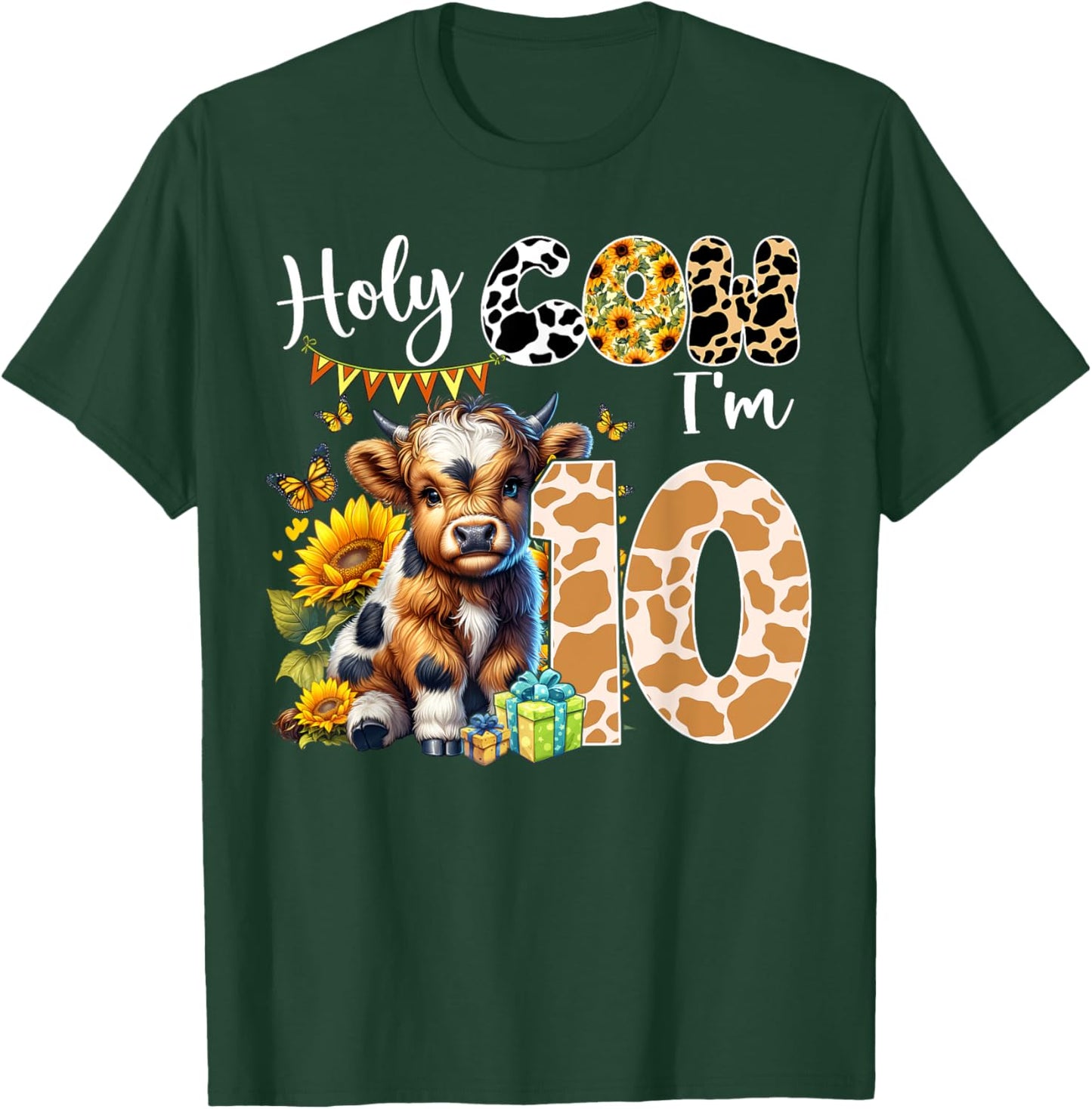 Holy Cow I’m 10 Years Old Dairy Cow Sunflowers 10th Birthday T-Shirt - T-Shirt | Forest