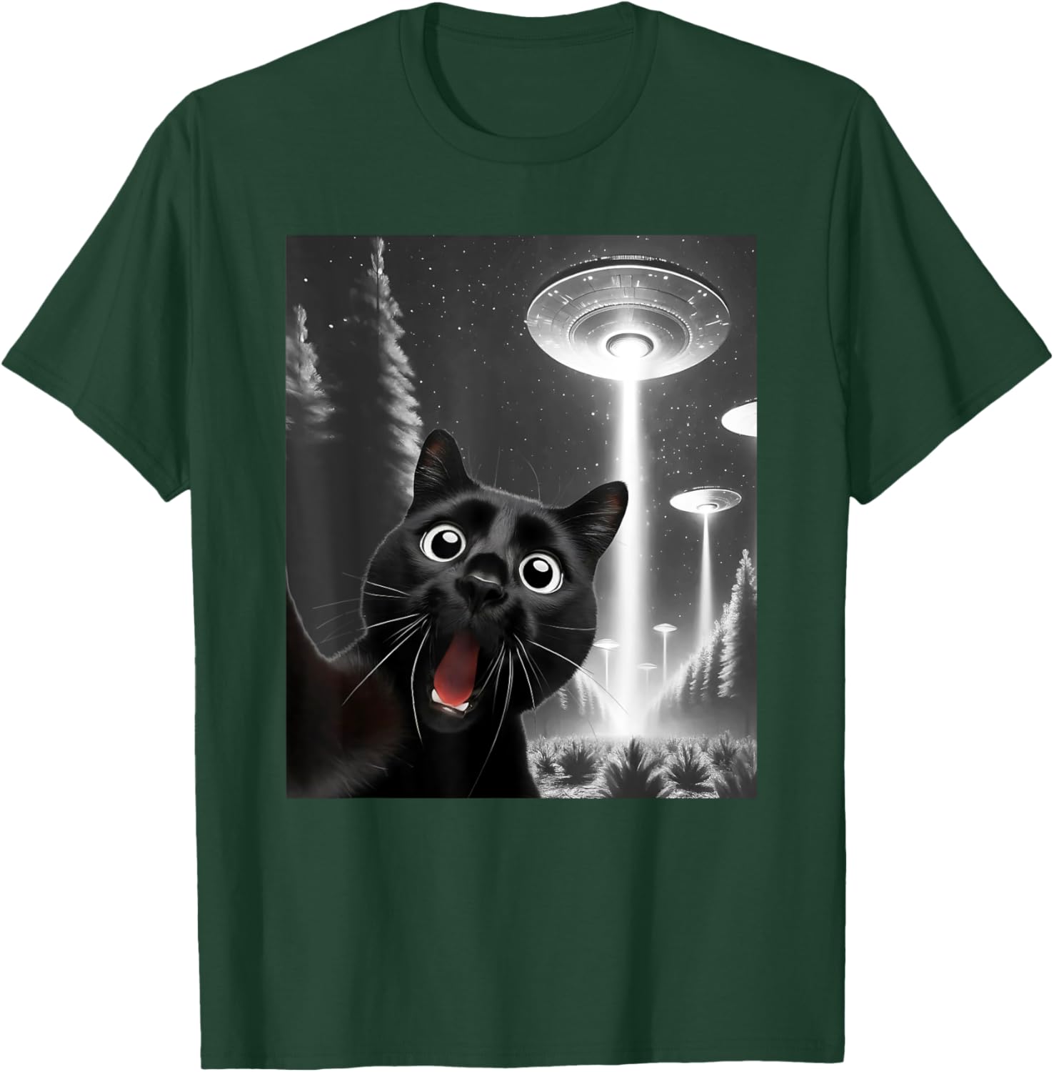 Funny Black Cat Alien UFO Taking a Selfie Cat Mom Dad T-Shirt - T-Shirt | Forest