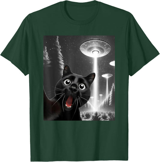 Funny Black Cat Alien UFO Taking a Selfie Cat Mom Dad T-Shirt - T-Shirt | Forest