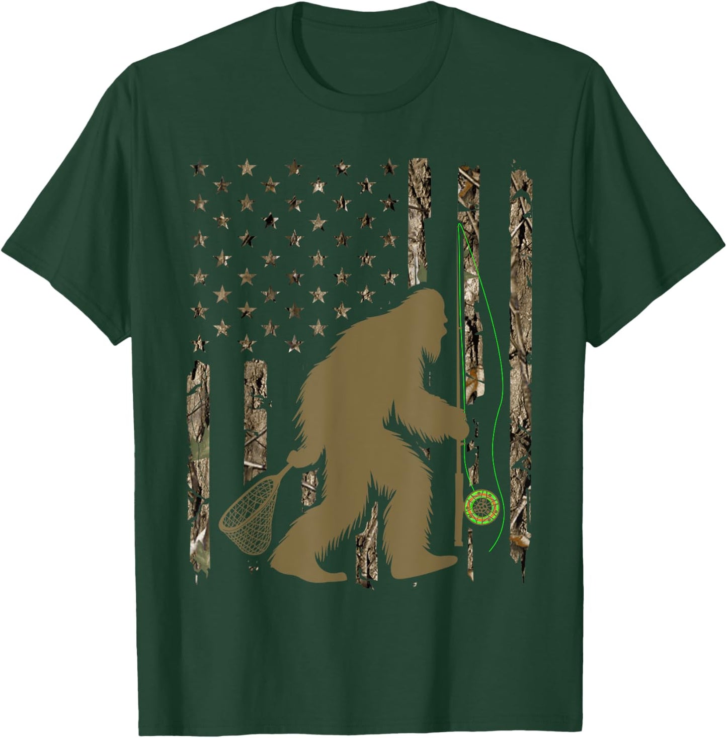 Bigfoot Fly Fishing Sasquatch American Flag Tree Camouflage Men T-Shirt - T-Shirt | Forest