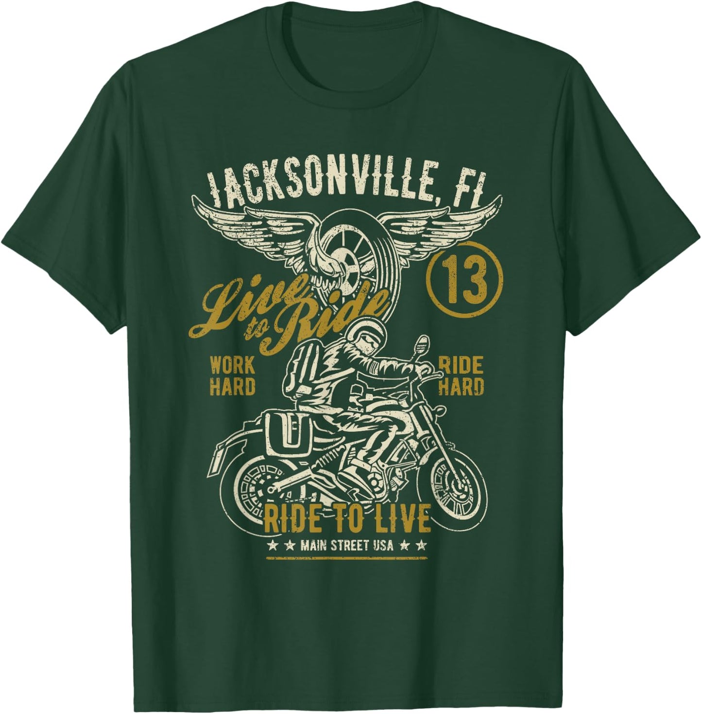 Jacksonville FL USA Distressed Style Motorcycle Design T-Shirt - T-Shirt | Forest