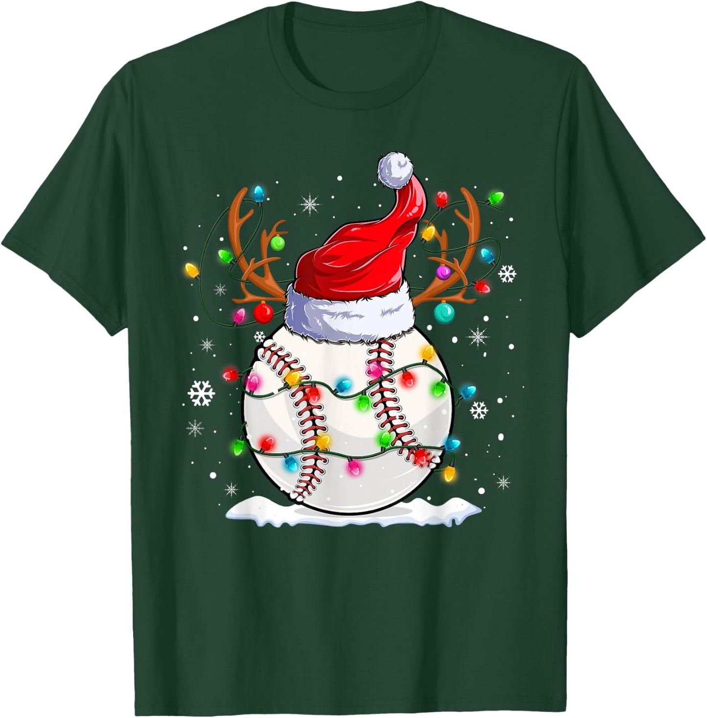 Baseball Santa Hat Reindeer Christmas Lights Funny Xmas T-Shirt - T-Shirt | Forest