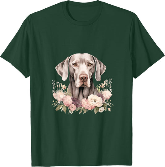 Weimaraner Dog With Flowers Vintage Pastel Floral Border T-Shirt - T-Shirt | Forest