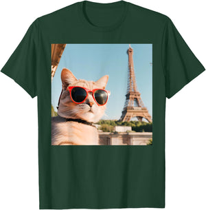 Funny Cat Wearing Sunglasses At The Eiffel Tower in France Women Kids T-Shirt - T-Shirt | Forest