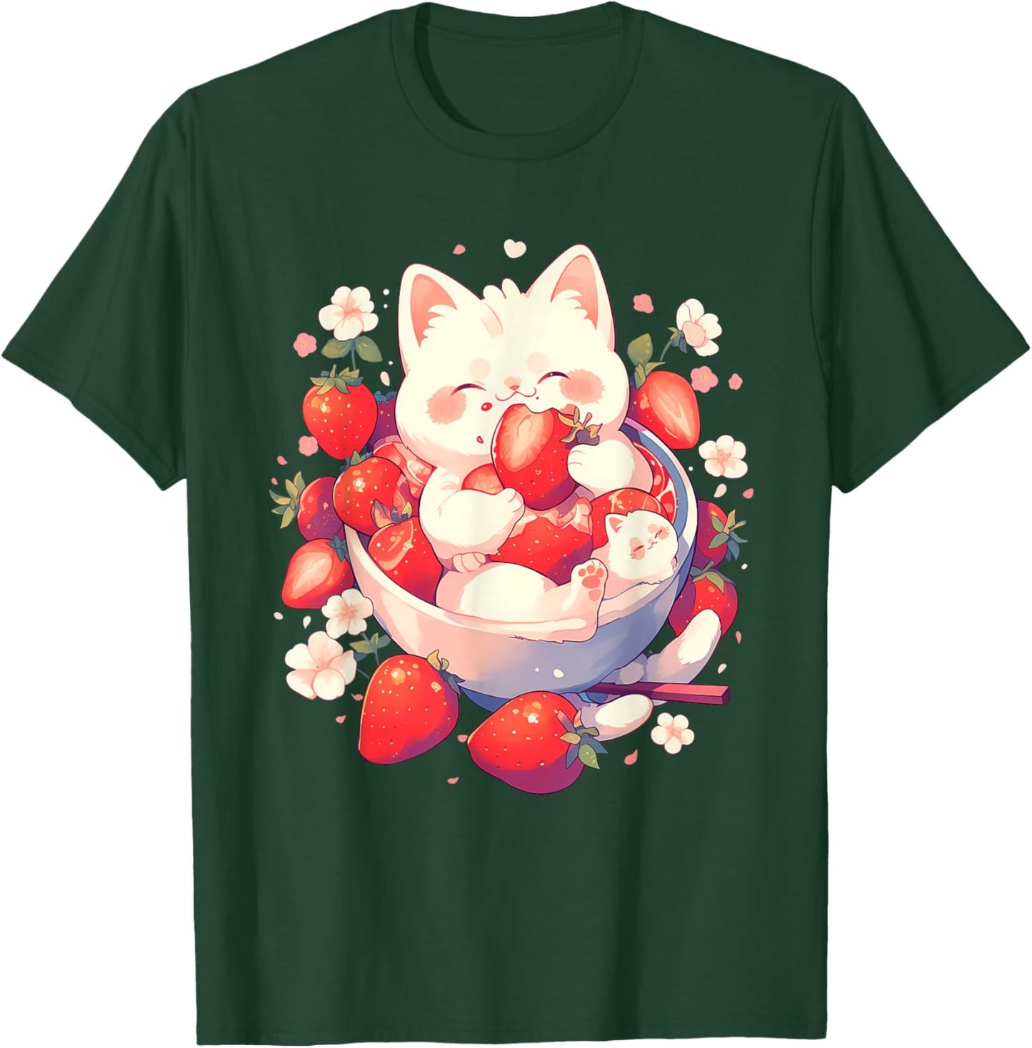 Strawberry Cat Animal Art Strawberries Floral Drawing T-Shirt - T-Shirt | Forest