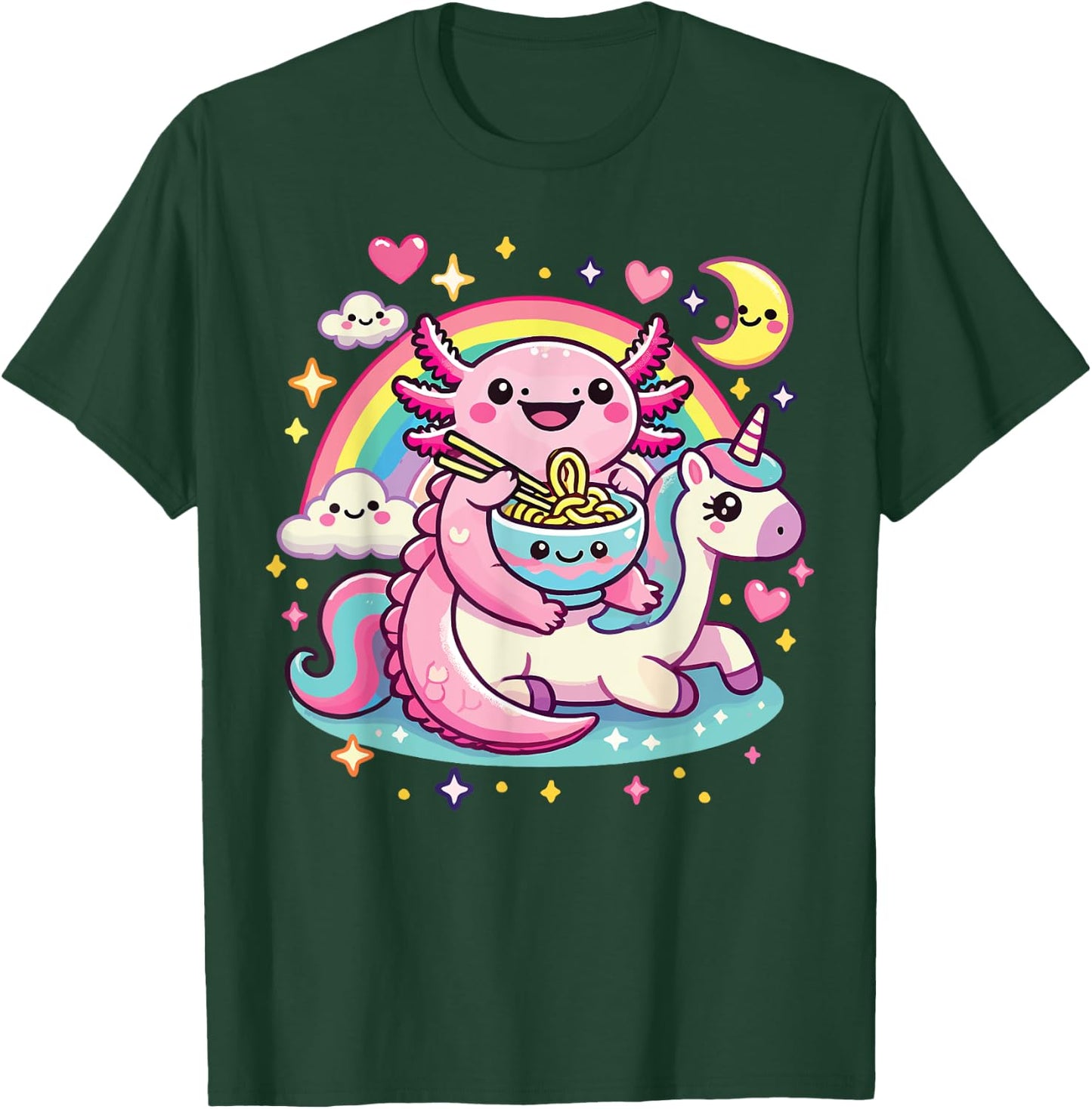 Anime Kawaii Axolotl Eating Ramen Noodles Rainbow Kids Girl T-Shirt - T-Shirt | Forest