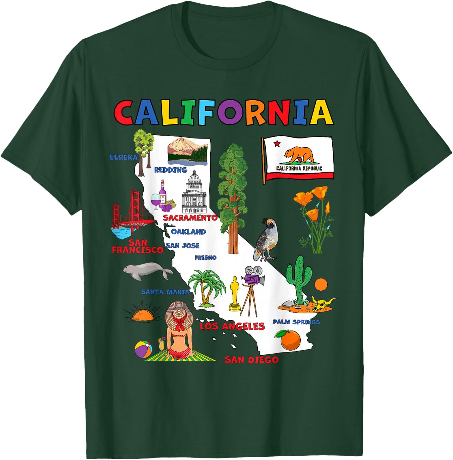 Map of California with Flag, Landmarks and Major Cities T-Shirt - T-Shirt | Forest