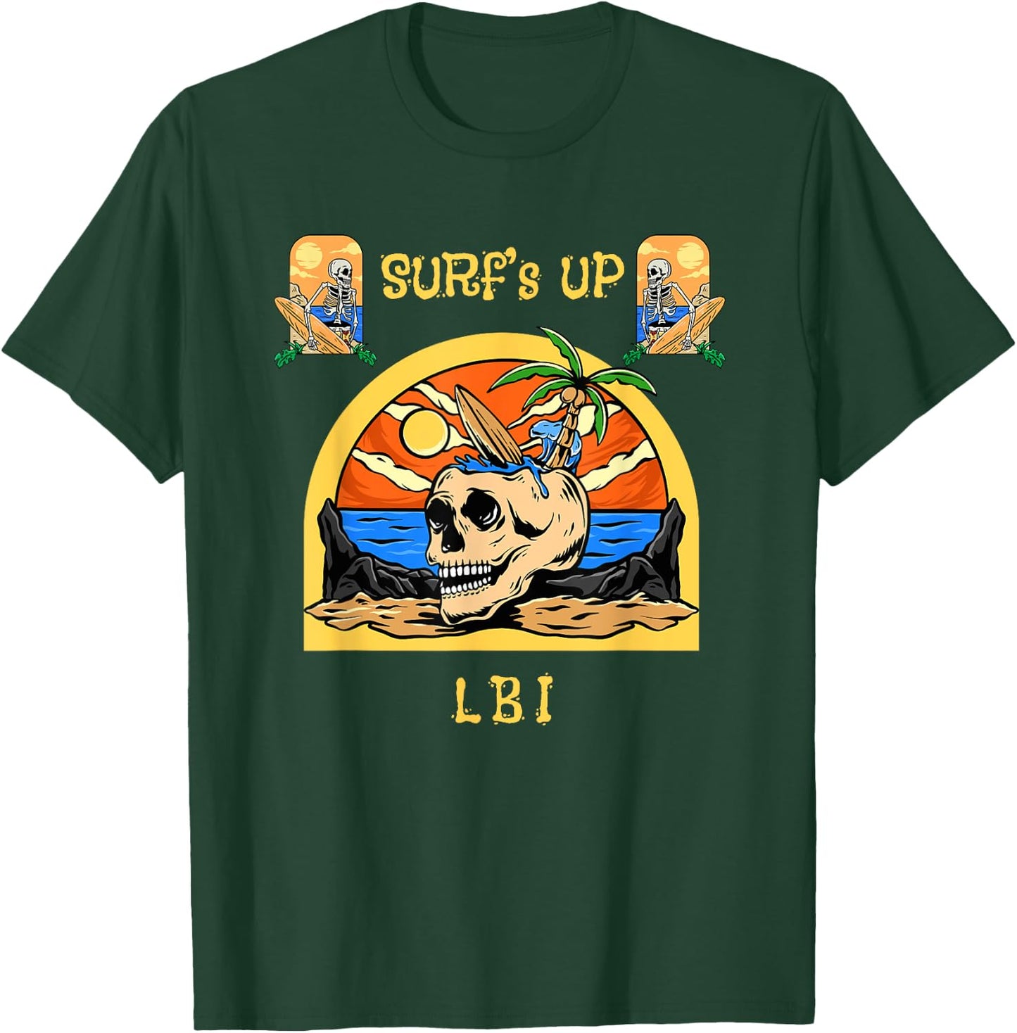 Surf's Up LBI Funny Vintage Surfing Beach Skeleton T-Shirt - T-Shirt | Forest