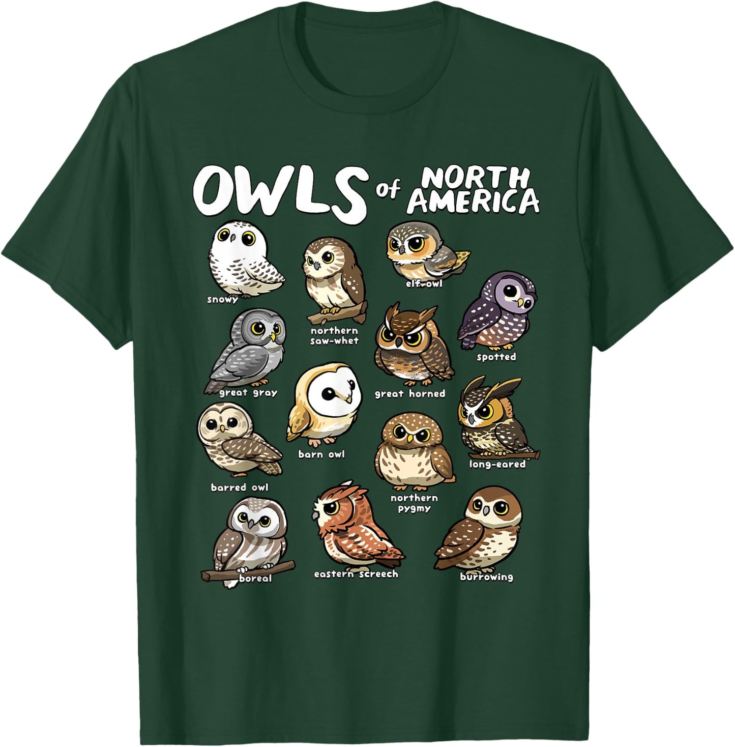 Owls of North America Shirt Birdwatcher Bird Lover Owl Lover T-Shirt - T-Shirt | Forest