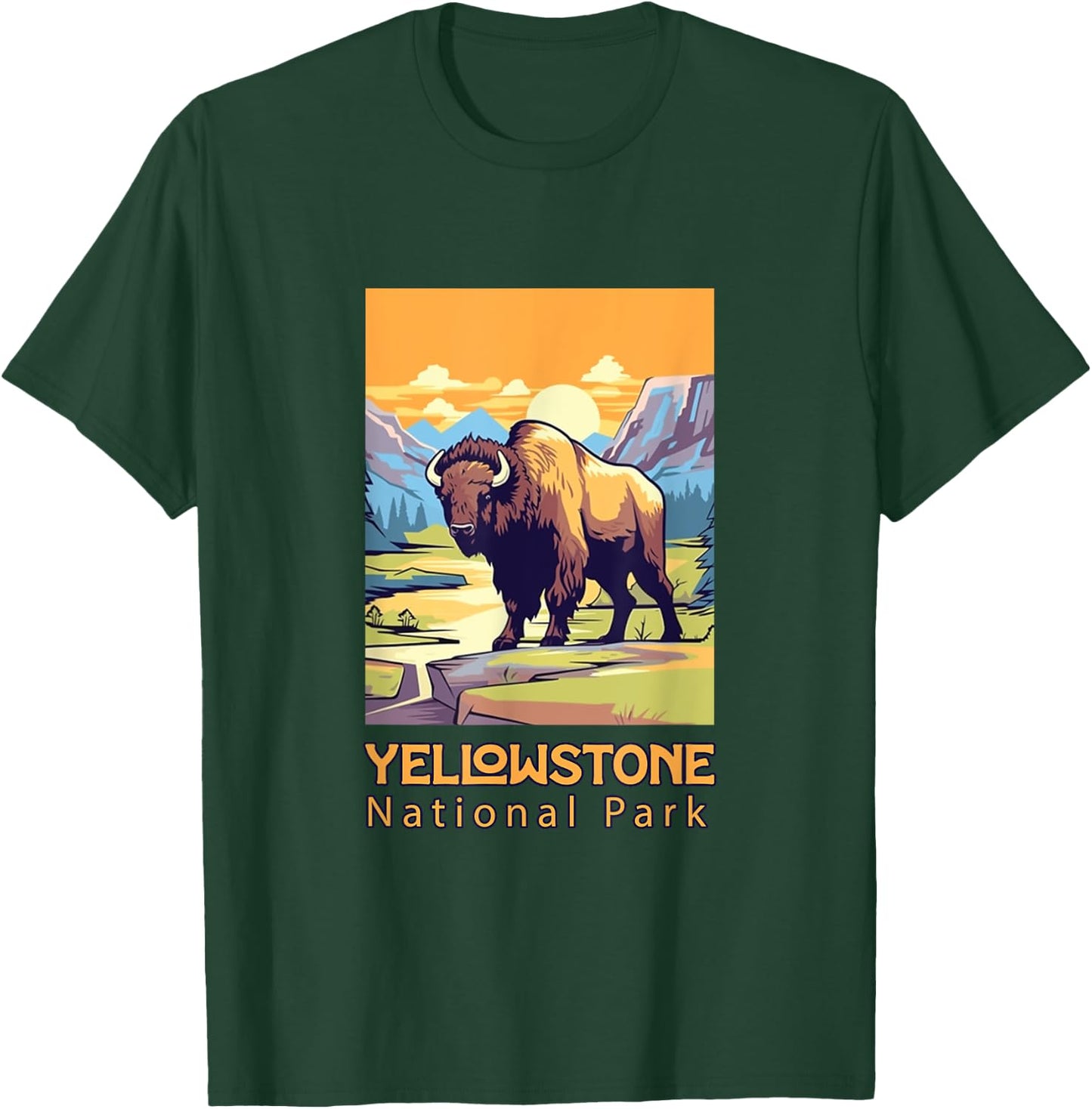 Yellowstone National Park Bison Large Cartoon Graphic T-Shirt - T-Shirt | Forest