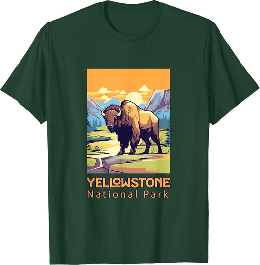 Yellowstone National Park Bison Large Cartoon Graphic T-Shirt - T-Shirt | Forest