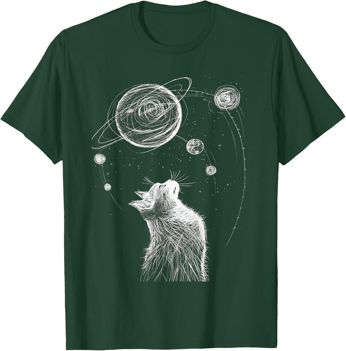 Cat Staring at Solar System Men Women Kids T-Shirt - T-Shirt | Forest