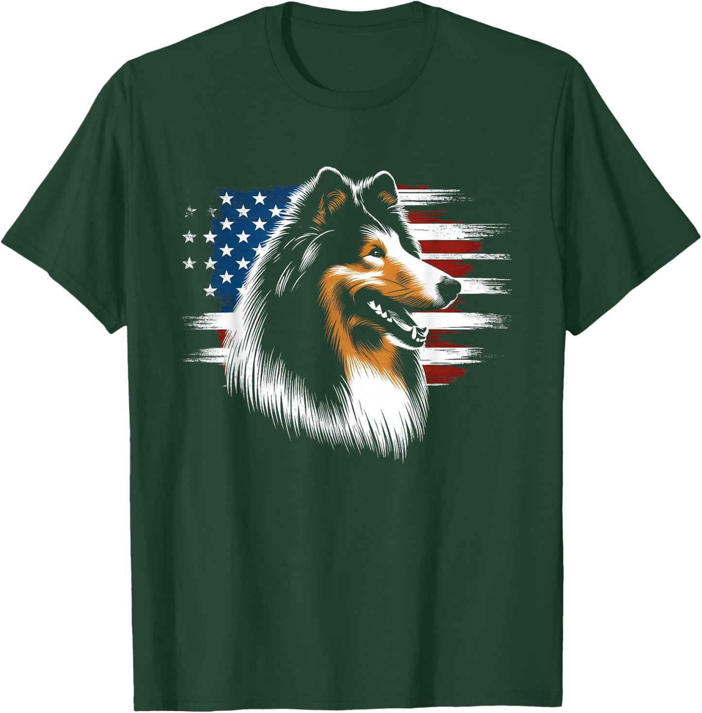 Rough Collie American Flag - Patriotic Collie Dog Lover T-Shirt - T-Shirt | Forest