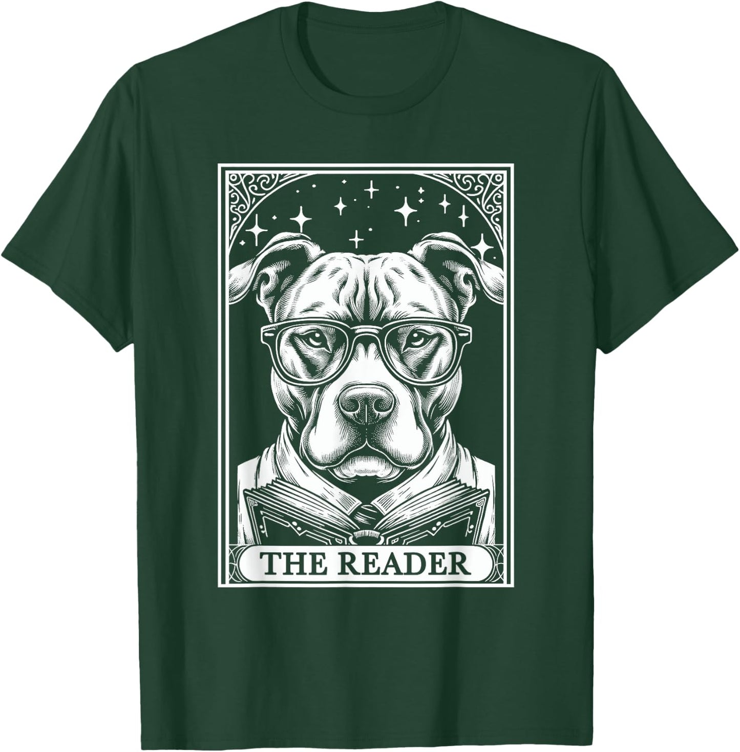 Tarot Card Vintage Pit Bull Pittie Dog Book Lover The Reader T-Shirt - T-Shirt | Forest