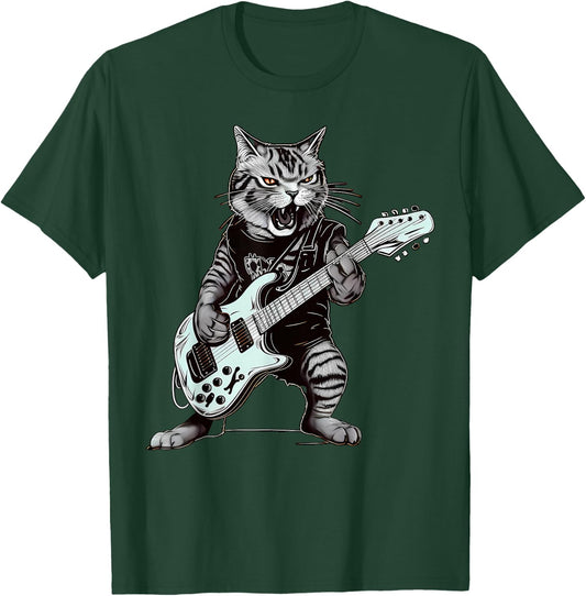 Cat Guitar T Shirt Cat Playing Guitar Heavy Metal Cat T-Shirt - T-Shirt | Forest