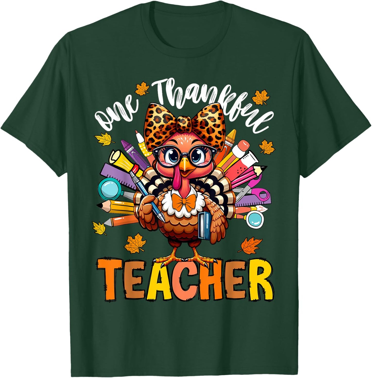 One Thankful Teacher Thanksgiving Turkey Cute Crayon Pencil T-Shirt - T-Shirt | Forest