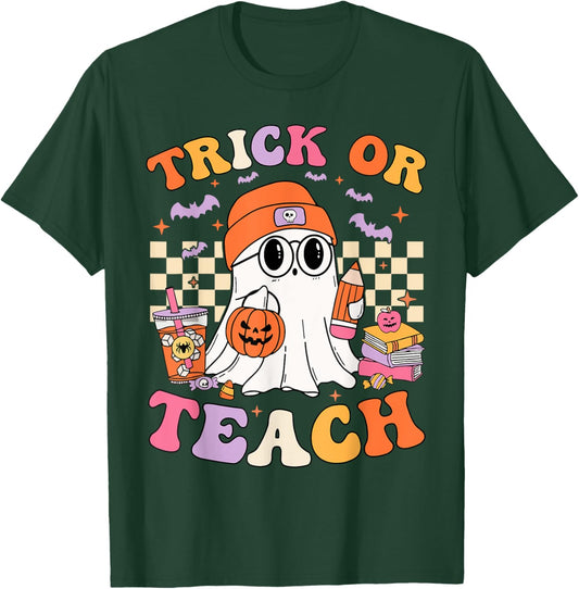 Teacher Halloween Trick Or Teach Cute Ghost Coffee Pumpkins T-Shirt - T-Shirt | Forest