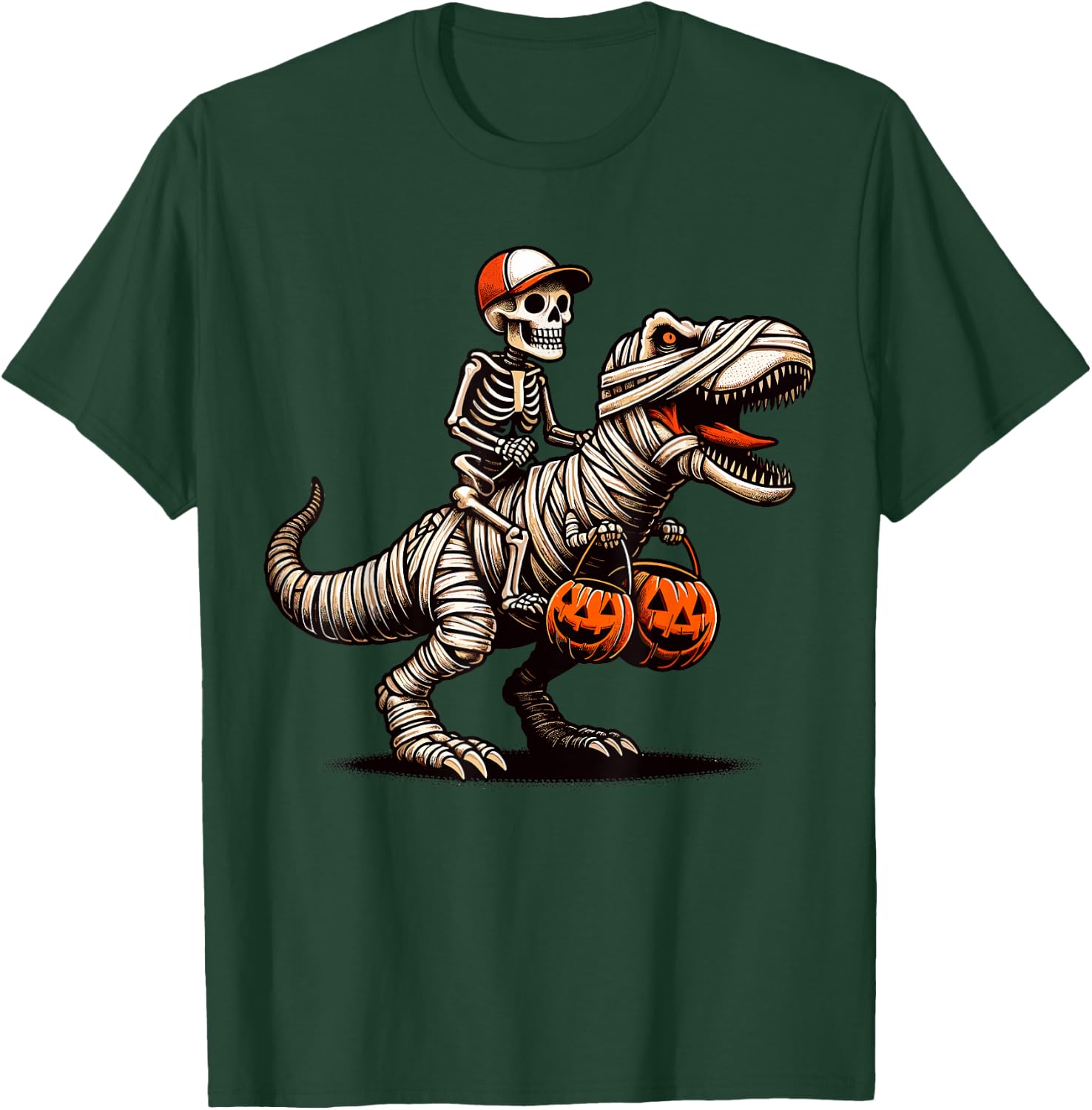 Skeleton Riding Mummy Dinosaur Pumpkin Halloween T-Shirt - T-Shirt | Forest