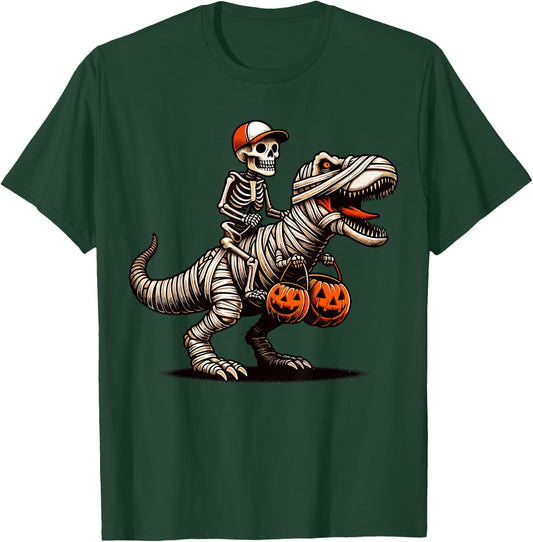 Skeleton Riding Mummy Dinosaur Pumpkin Halloween T-Shirt - T-Shirt | Forest