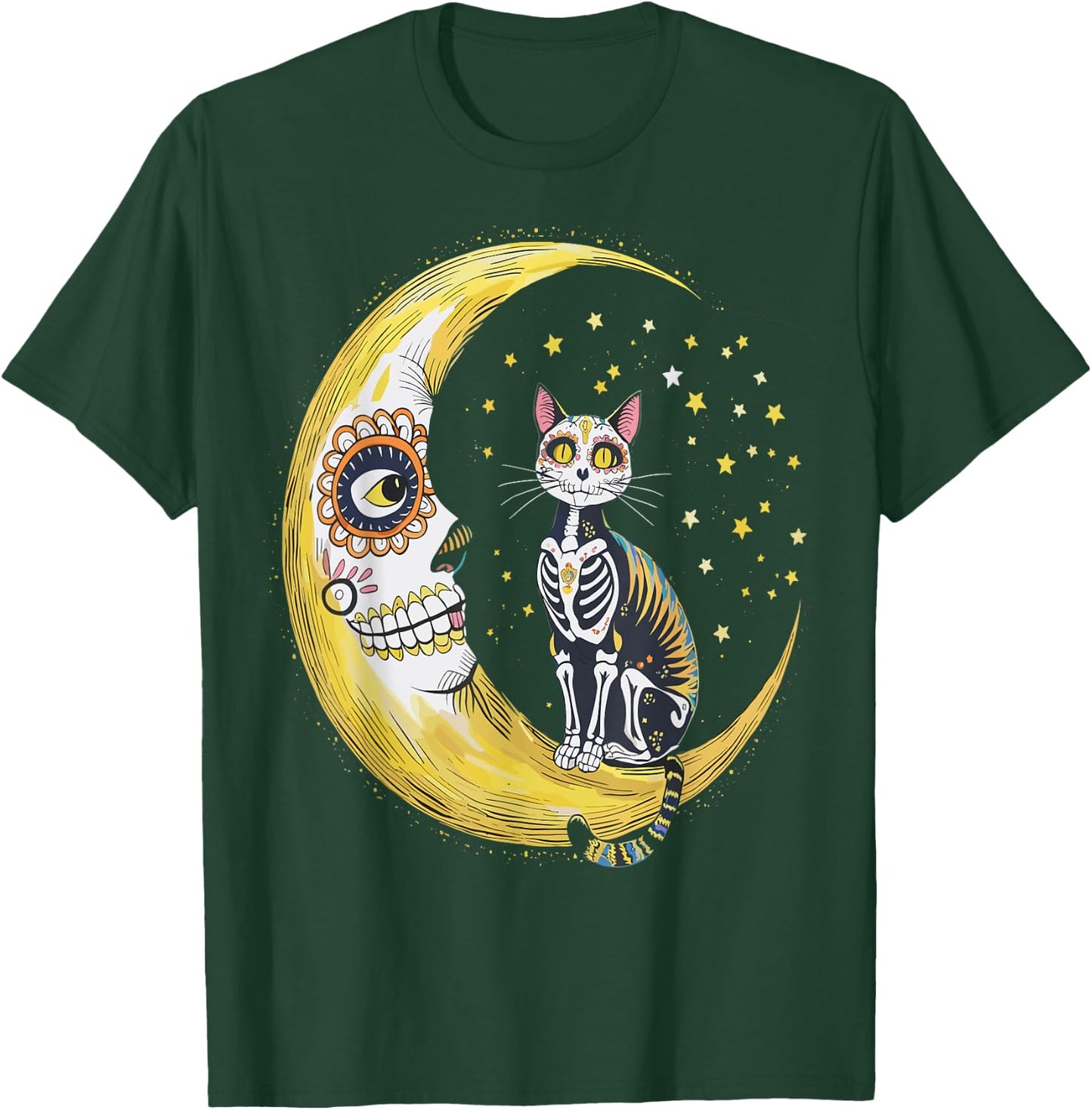 Cat And Moon Sugar Skull Dia De Los Muertos Day Of The Dead Men Women Kids T-Shirt - T-Shirt | Forest