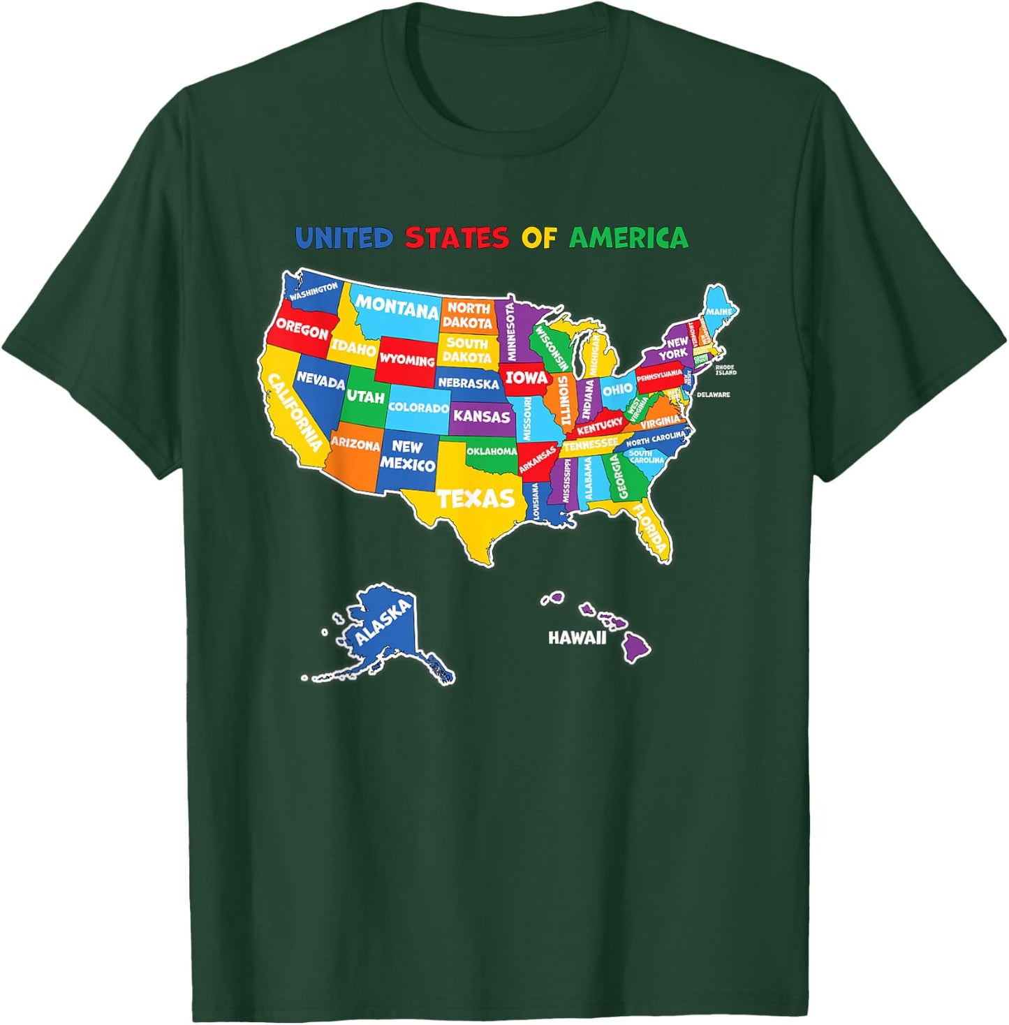 Colorful United states of America Map with states names, USA T-Shirt - T-Shirt | Forest