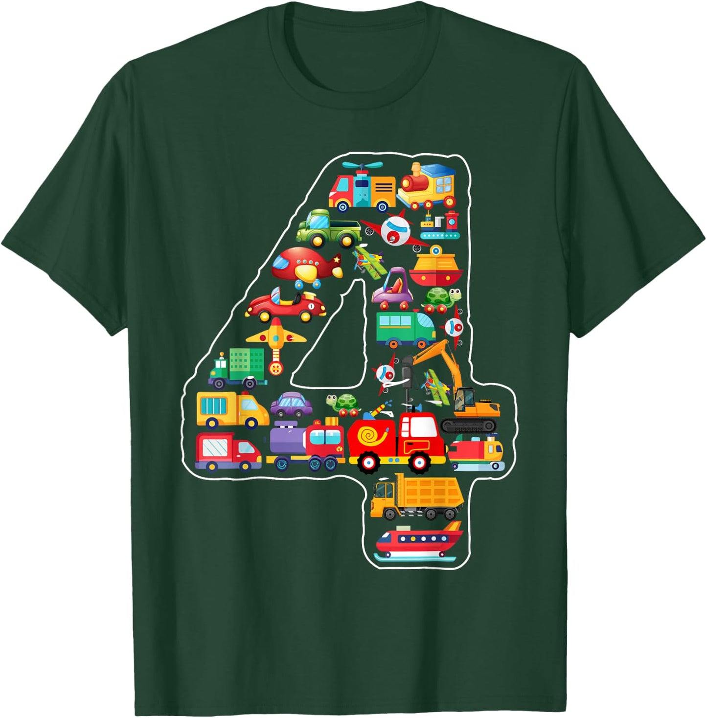 Kids 4th Birthday For Boys Cars Vehicles Fire Truck Airplane T-Shirt - T-Shirt | Forest