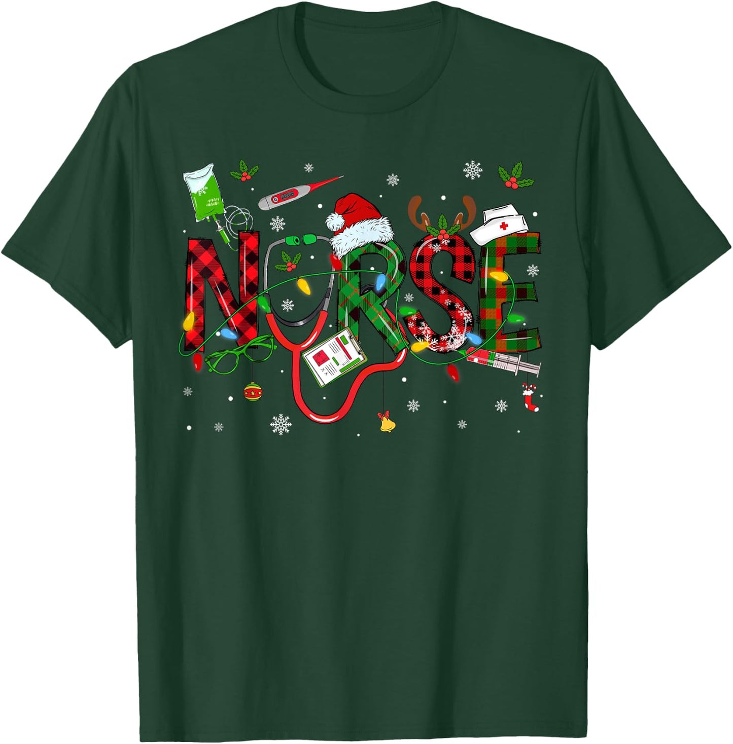 Nurse Christmas Stethoscope Nurses Xmas Scrub Men Women T-Shirt - T-Shirt | Forest