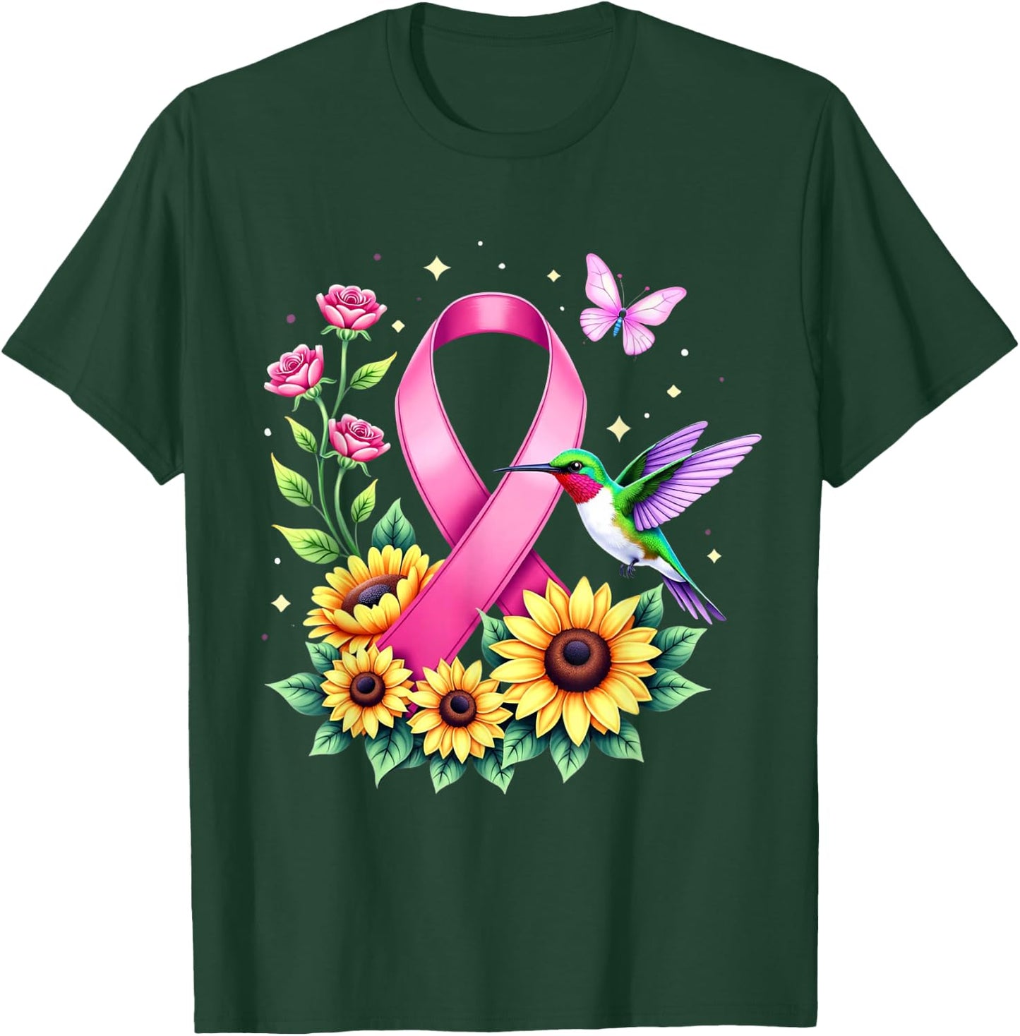 Hummingbird Sunflower Pink Ribbon Breast Cancer Awareness T-Shirt - T-Shirt | Forest