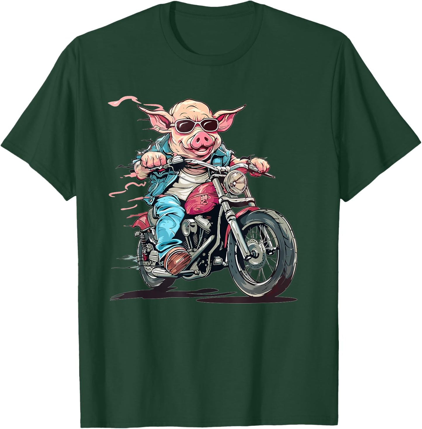 Funny Biker Pig Riding A Motorcycle T-Shirt - T-Shirt | Forest