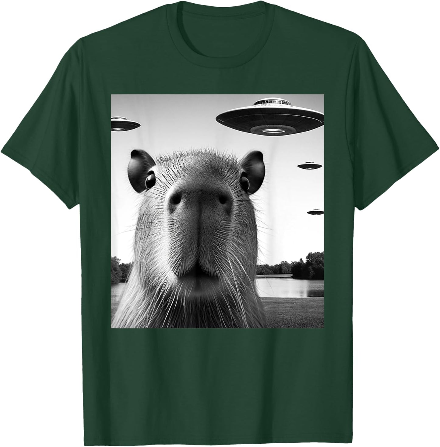 Funny Capybara Selfie with UFOs Weird Graphic T-Shirt - T-Shirt | Forest