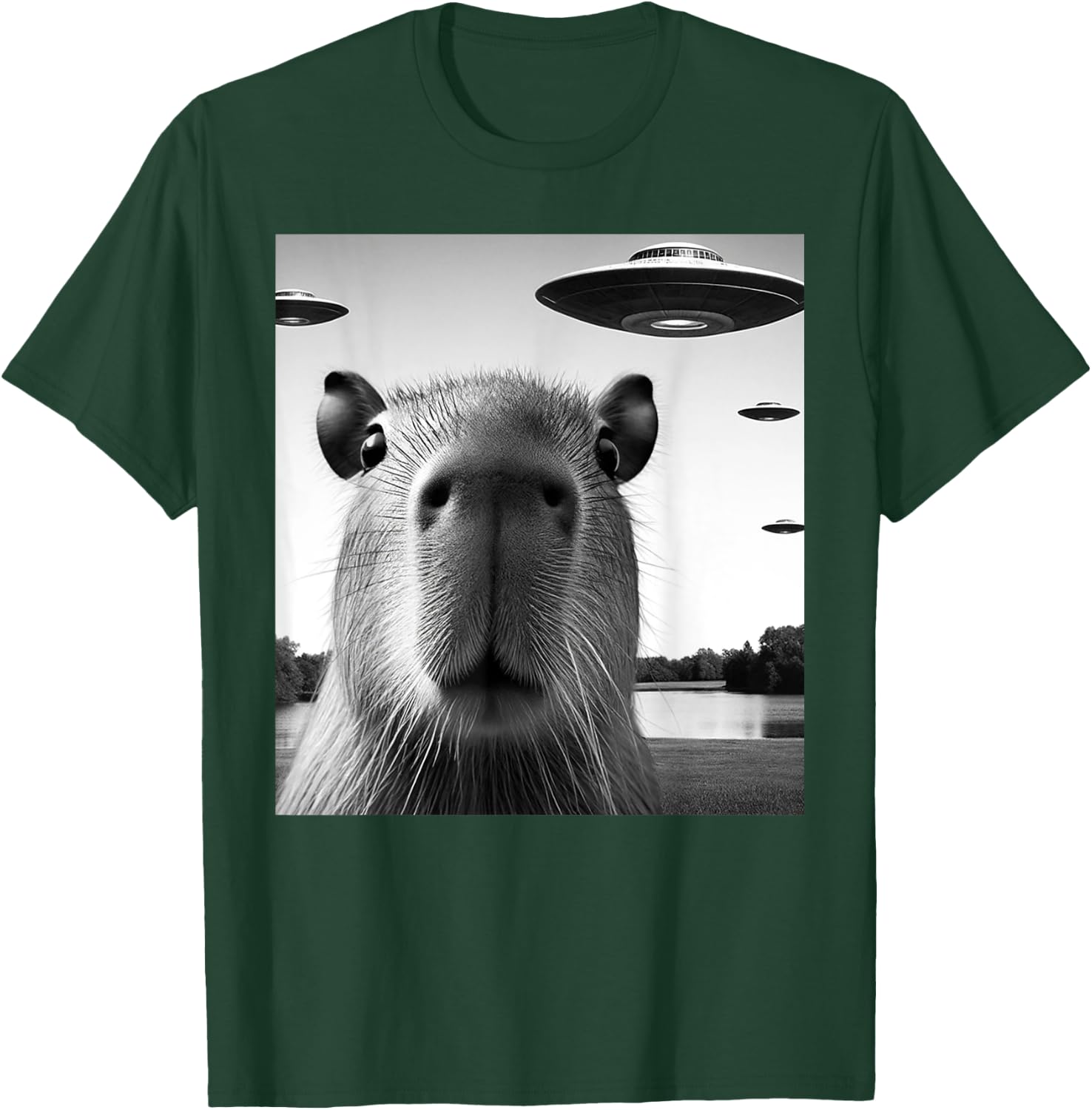 Funny Capybara Selfie with UFOs Weird Graphic T-Shirt - T-Shirt | Forest