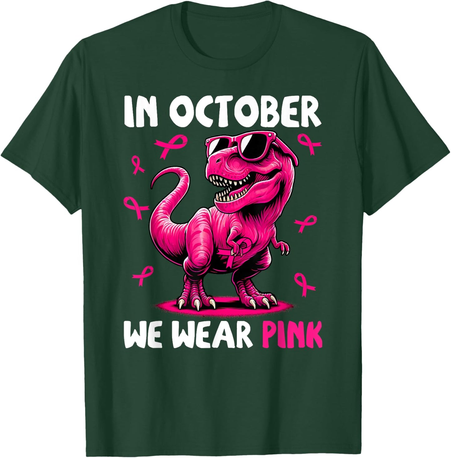 In October We Wear Pink Ribbon Breast Cancer Dinosaur T-Shirt - T-Shirt | Forest