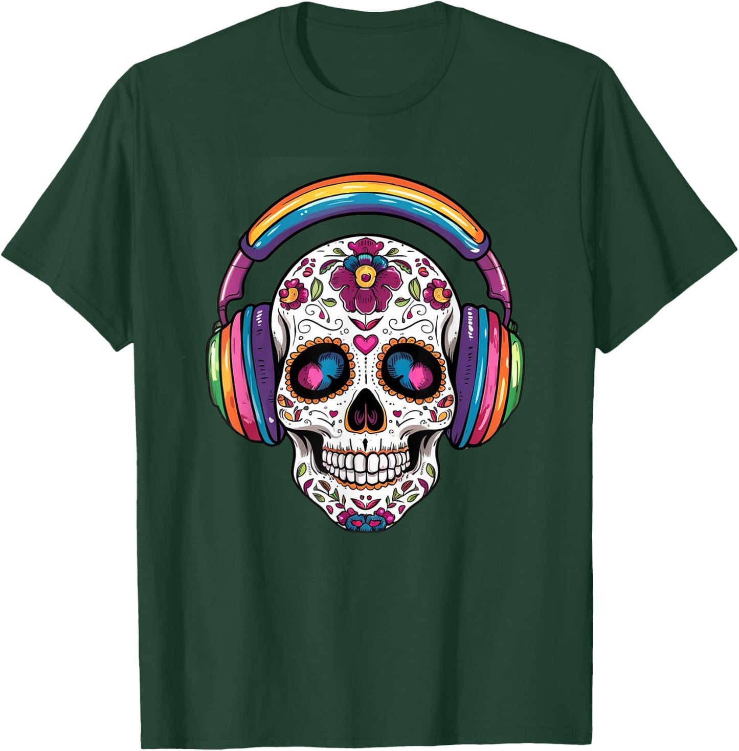 Sugar Skull Headphones Day of Dead Halloween Dia De Muertos T-Shirt - T-Shirt | Forest