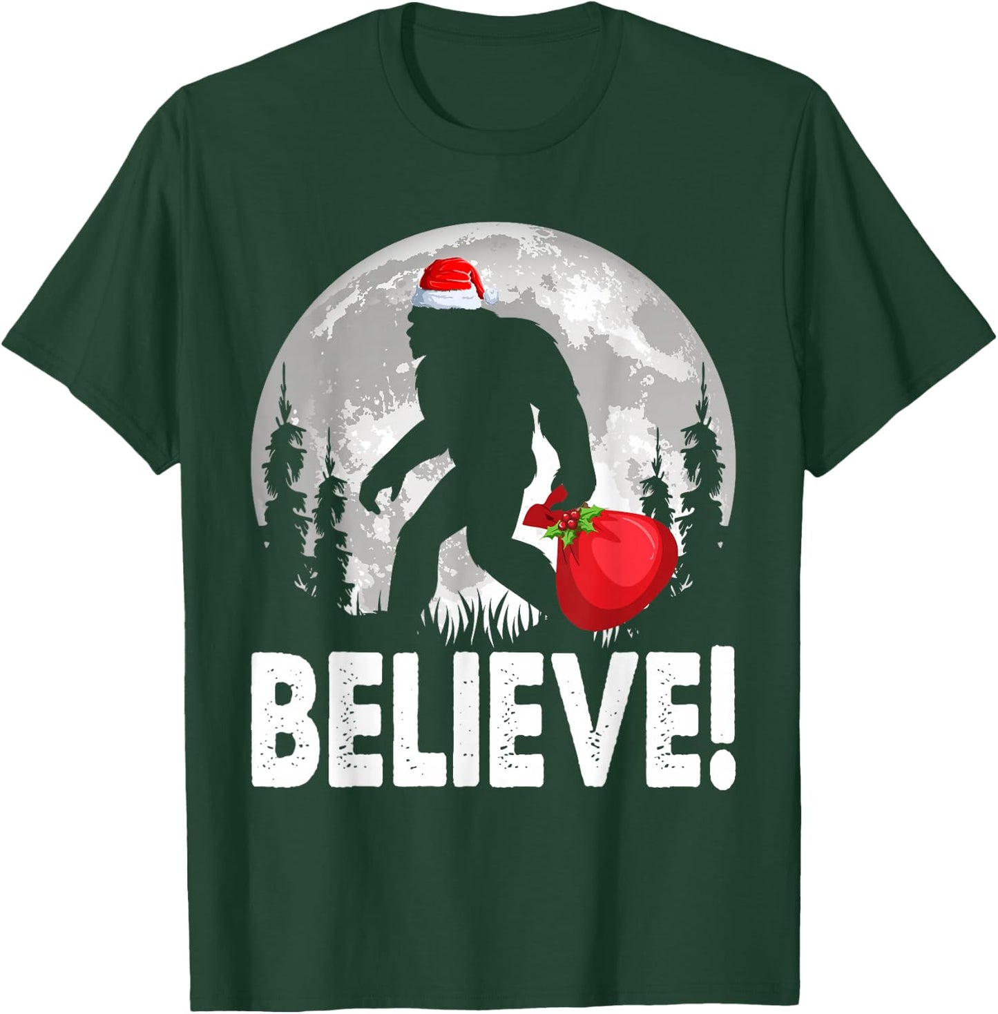 Believe! Santa Bigfoot Christmas Snow & Moon Night Graphic T-Shirt - T-Shirt | Forest