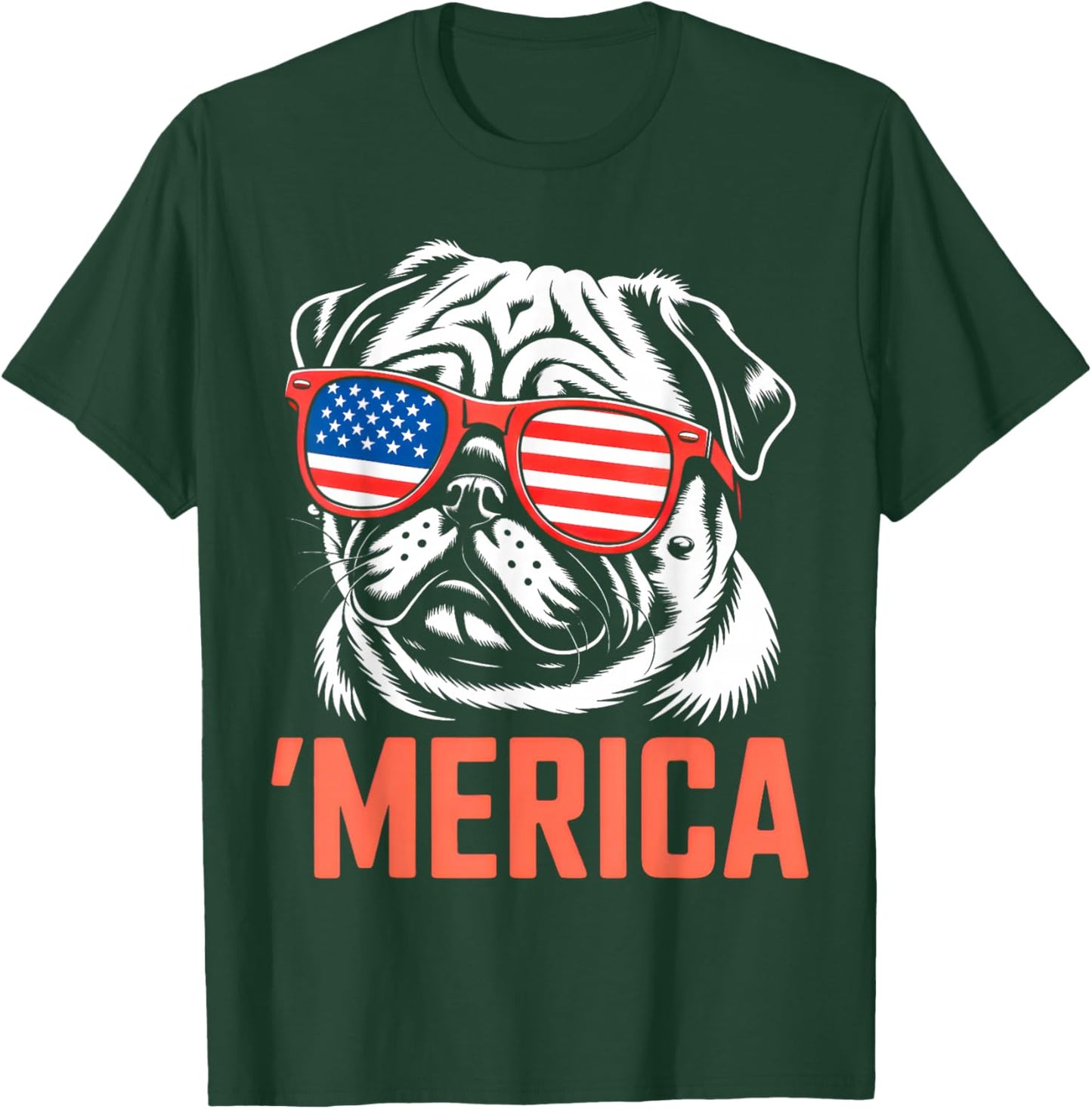 Merica Pug American Flag Patriotic USA Dog Lover Men Women T-Shirt - T-Shirt | Forest