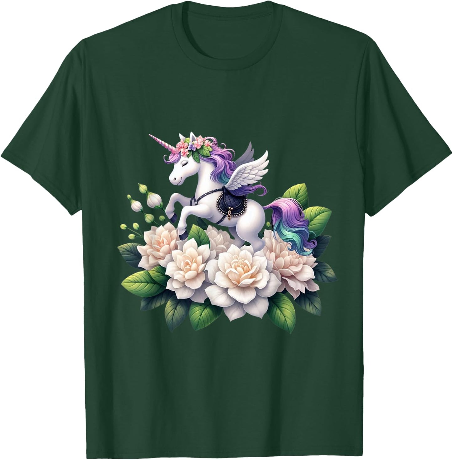 Unicorn Riding Gardenia Boys Girls Men Women Kids Adults T-Shirt - T-Shirt | Forest