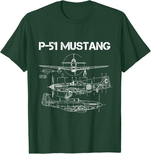 North American P-51 Mustang WW2 Fighter Blueprint T-Shirt - T-Shirt | Forest