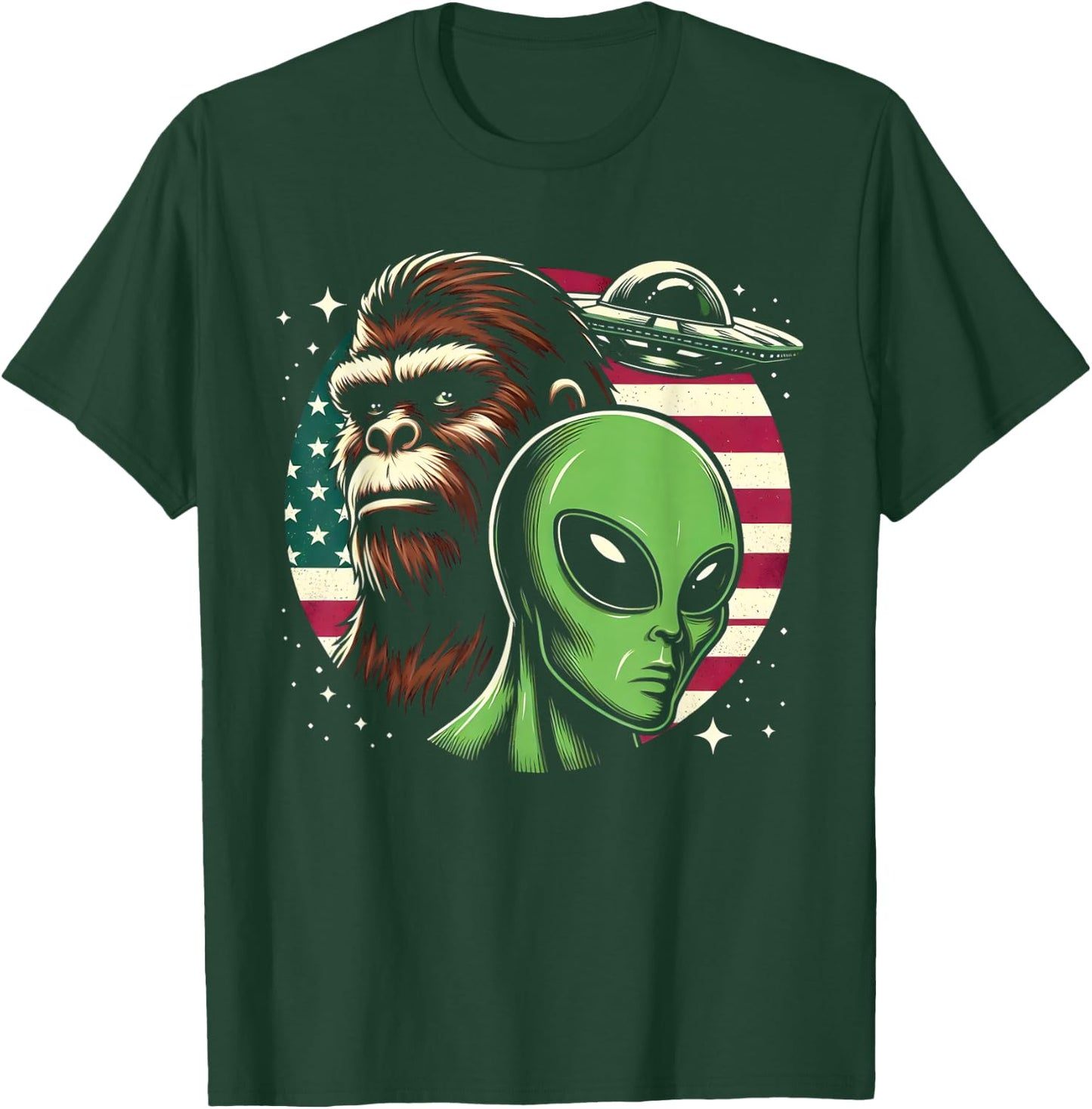 Bigfoot Sasquatch Alien UFO USA American Flag T-Shirt - T-Shirt | Forest