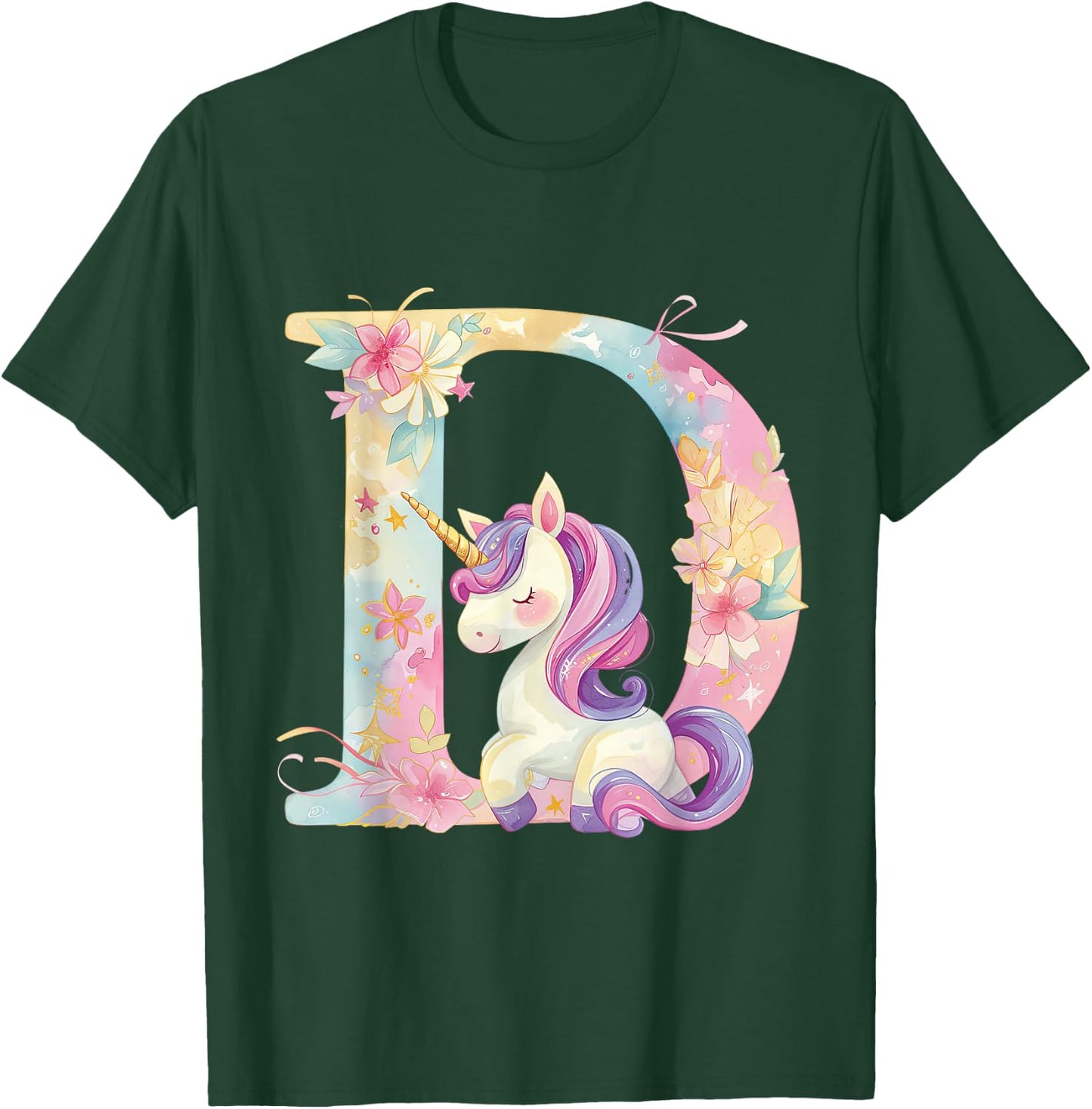 D Initial Letter Alphabet Unicorn Birthday Outfit Monogram D T-Shirt - T-Shirt | Forest