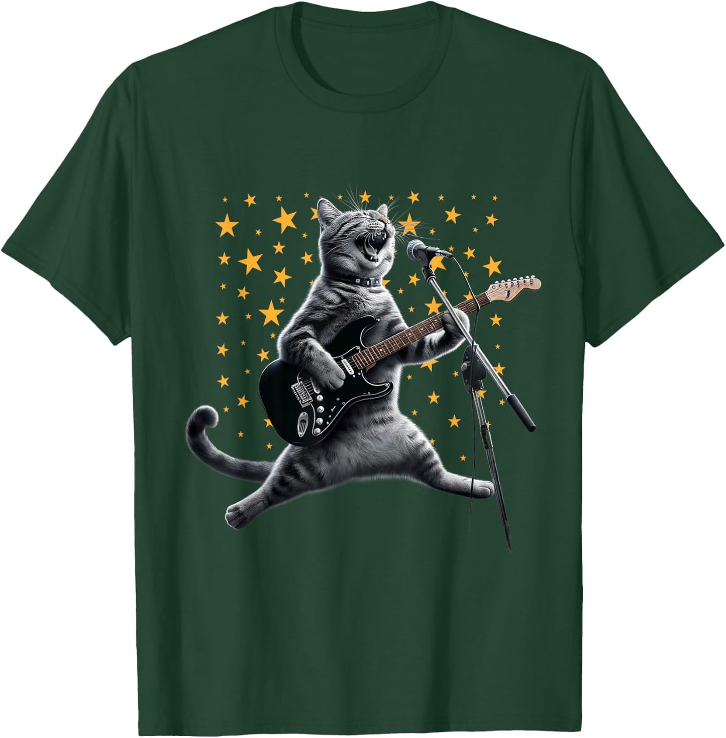 Rock Cat Playing Guitar Electric in space Funny kitty Galaxy T-Shirt - T-Shirt | Forest