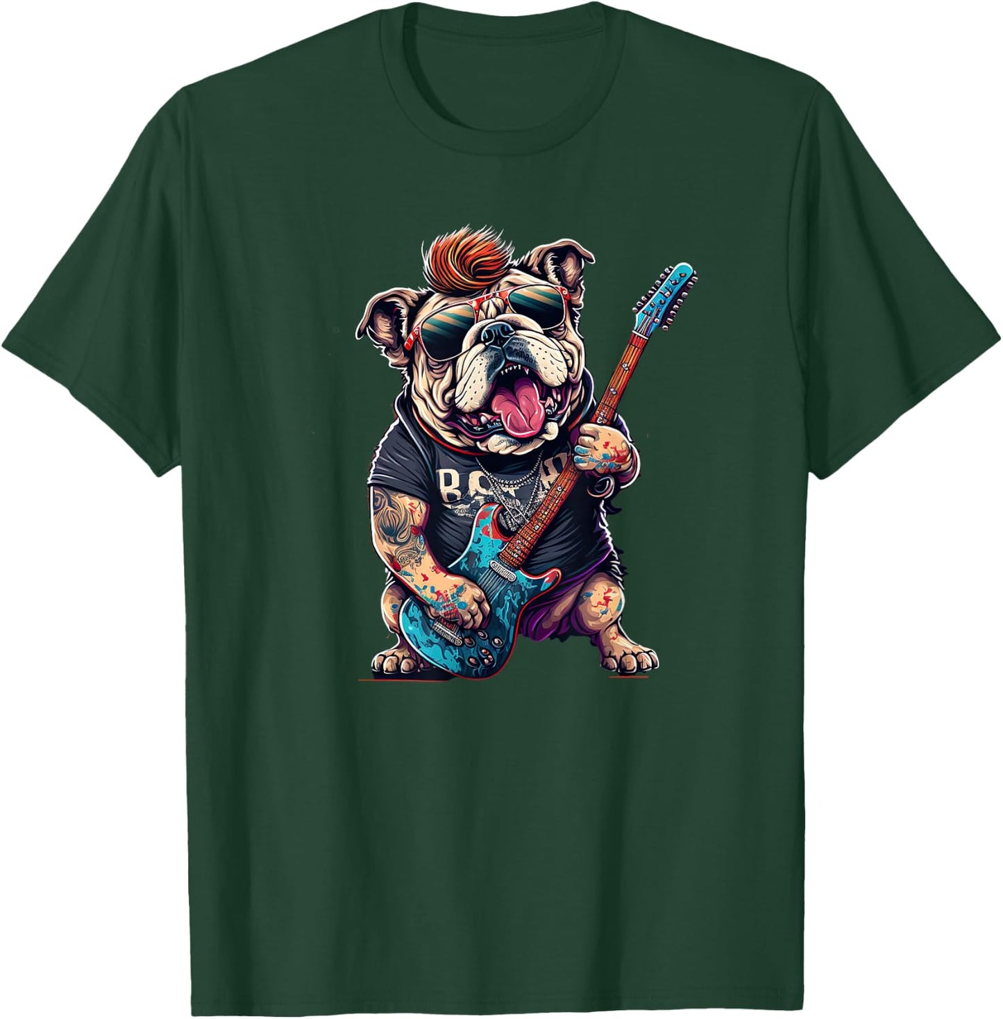 Funny Bulldog Dog Rock and Roll Rocker 80s 90s Women Girls Kids T-Shirt - T-Shirt | Forest