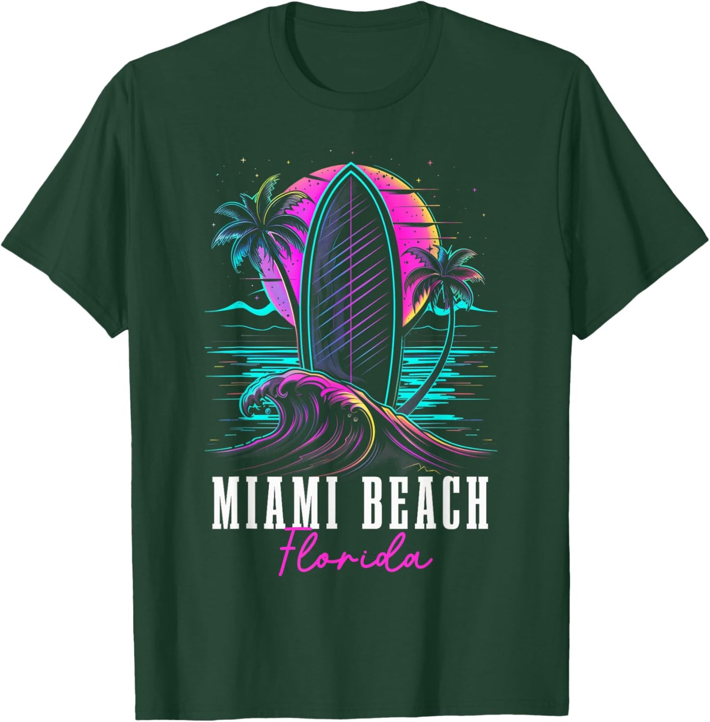 Miami Beach Florida Surfing Retro Wave Surf Beach Surfer T-Shirt - T-Shirt | Forest