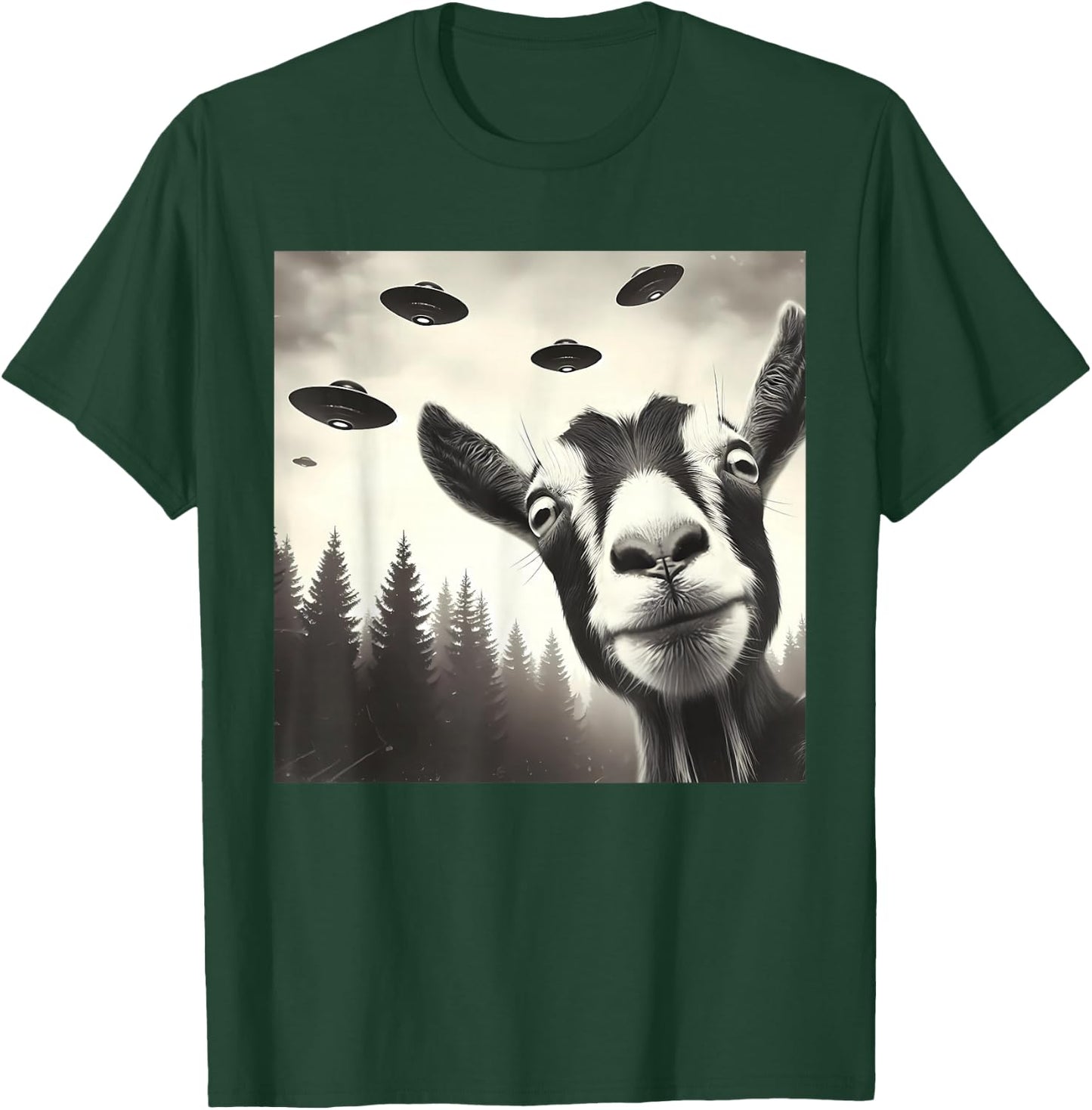 Funny Goat Selfie UFO Alien Humor Vintage Print Art Design T-Shirt - T-Shirt | Forest