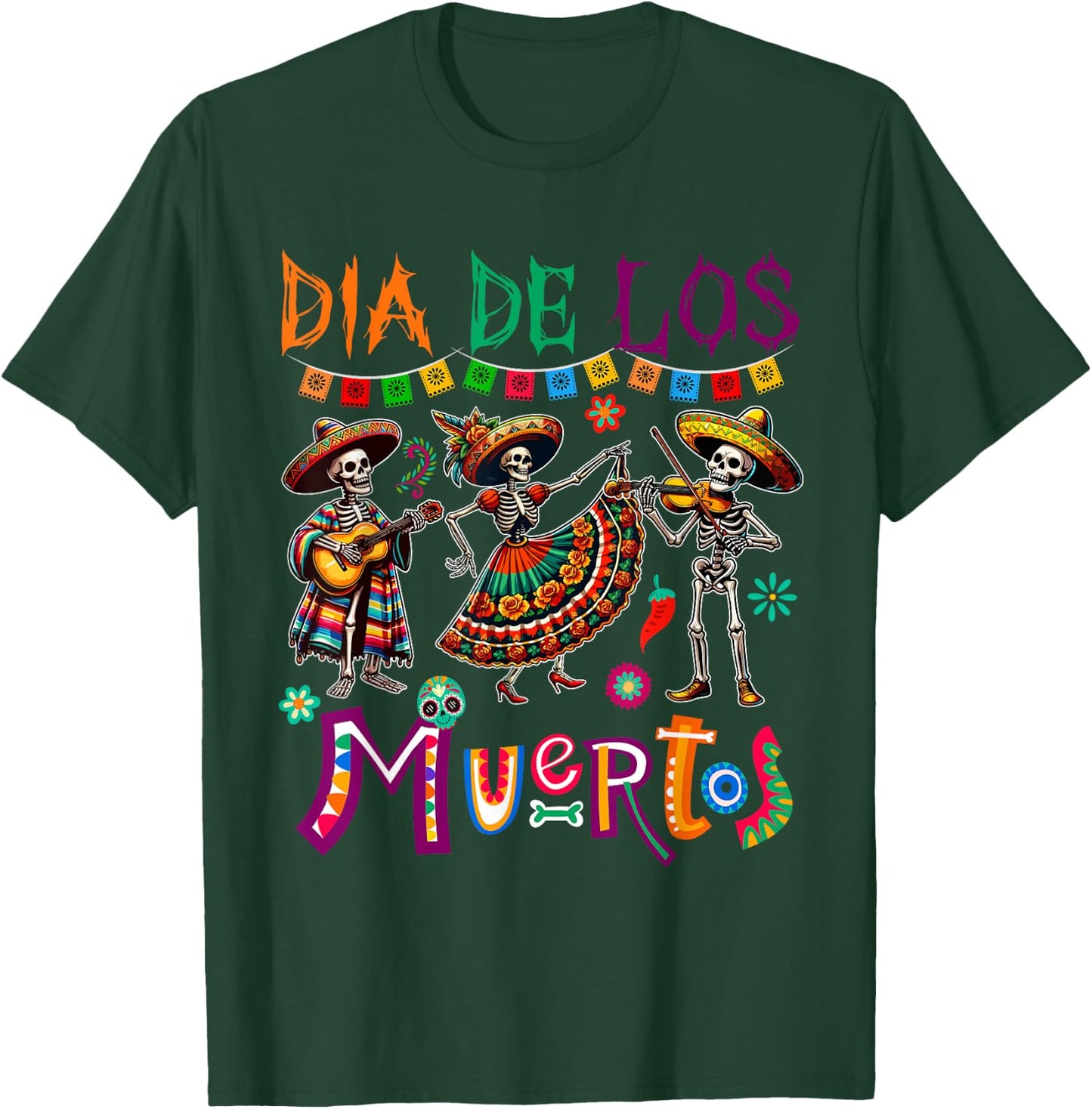 Dia De Los Muertos Three Floral Skeletons Mexican Dancing T-Shirt - T-Shirt | Forest