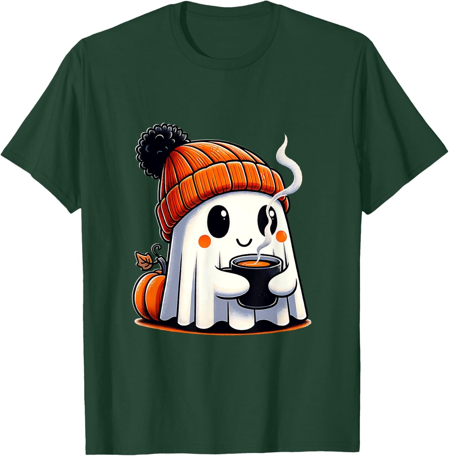 Halloween Cute Kawaii Ghost Drinking Coffee Women Men Kids T-Shirt - T-Shirt | Forest