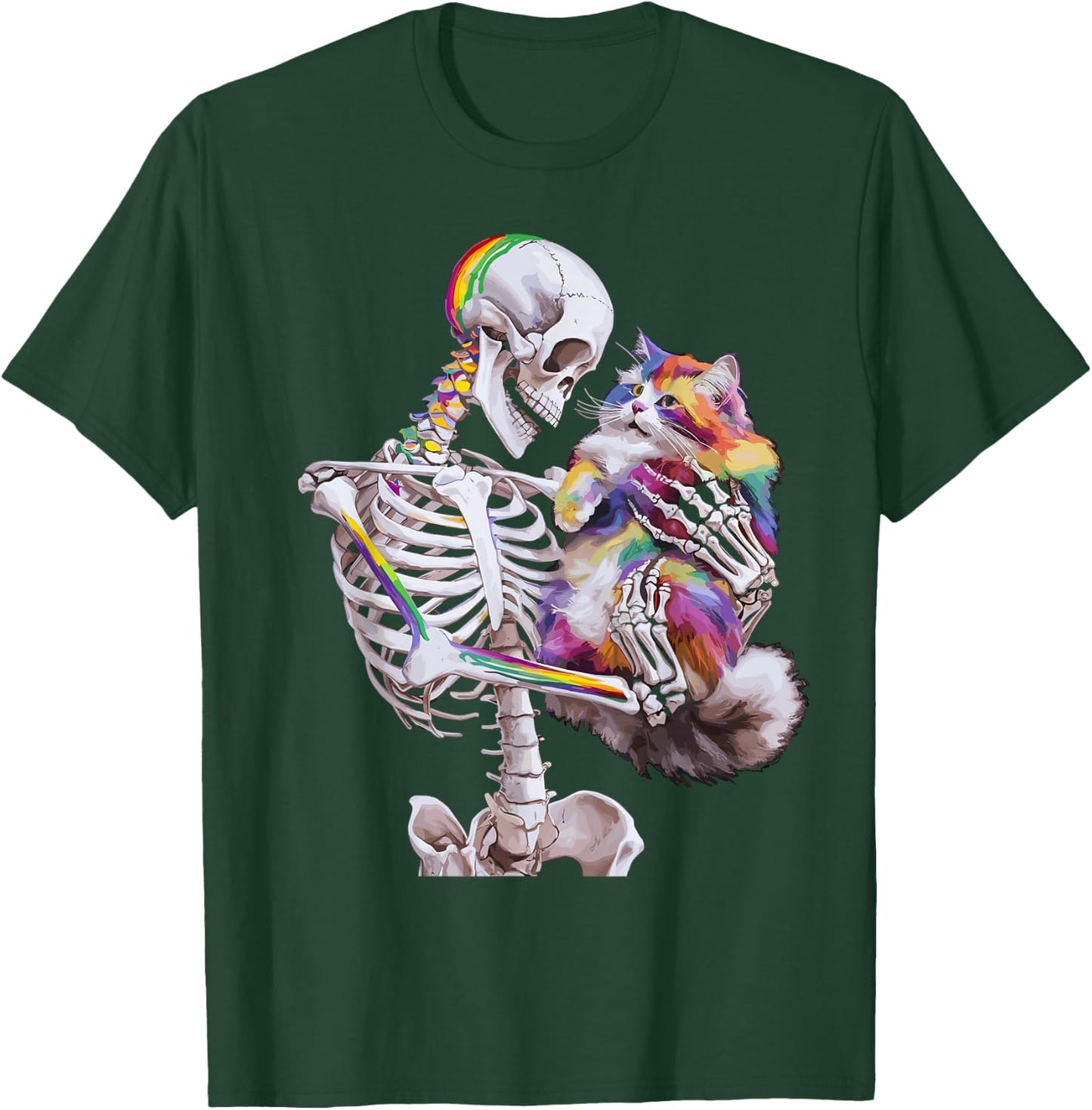 Colorful Paint Splash Cat And Skeleton Art Graphic T-Shirt - T-Shirt | Forest