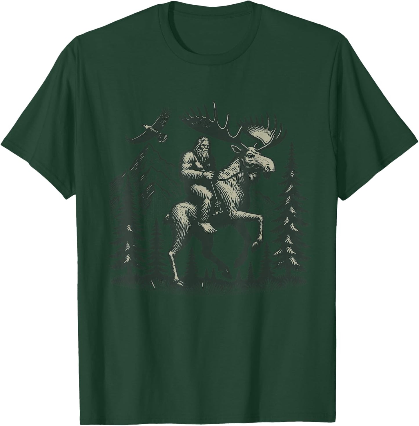 Explore Outdoors Sasquatch Creature Riding a Majestic Moose Bigfoot Adventure - -Adult, Grey, Small, Short Sleeve T-Shirt - T-Shirt | Forest