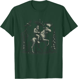 Explore Outdoors Sasquatch Creature Riding a Majestic Moose Bigfoot Adventure - -Adult, Grey, Small, Short Sleeve T-Shirt - T-Shirt | Forest