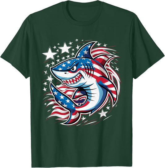 Shark American Flag USA 4th of July Funny Boys Girls Kids T-Shirt - T-Shirt | Forest